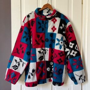 Oversize Comfy Zip-Up Fleece Jacket w/ Bold Folk Floral Stencil Design